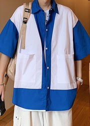 Unique Blue Button Pockets Patchwork Cotton Men Shirt Half Sleeve