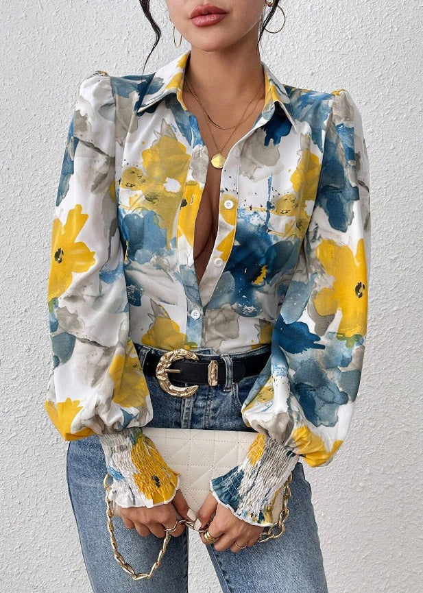 Unique Blue Button Print Cotton Blouses Spring
