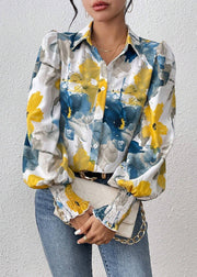 Unique Blue Button Print Cotton Blouses Spring