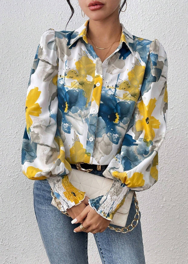 Unique Blue Button Print Cotton Blouses Spring