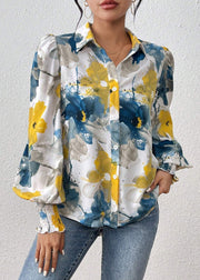 Unique Blue Button Print Cotton Blouses Spring