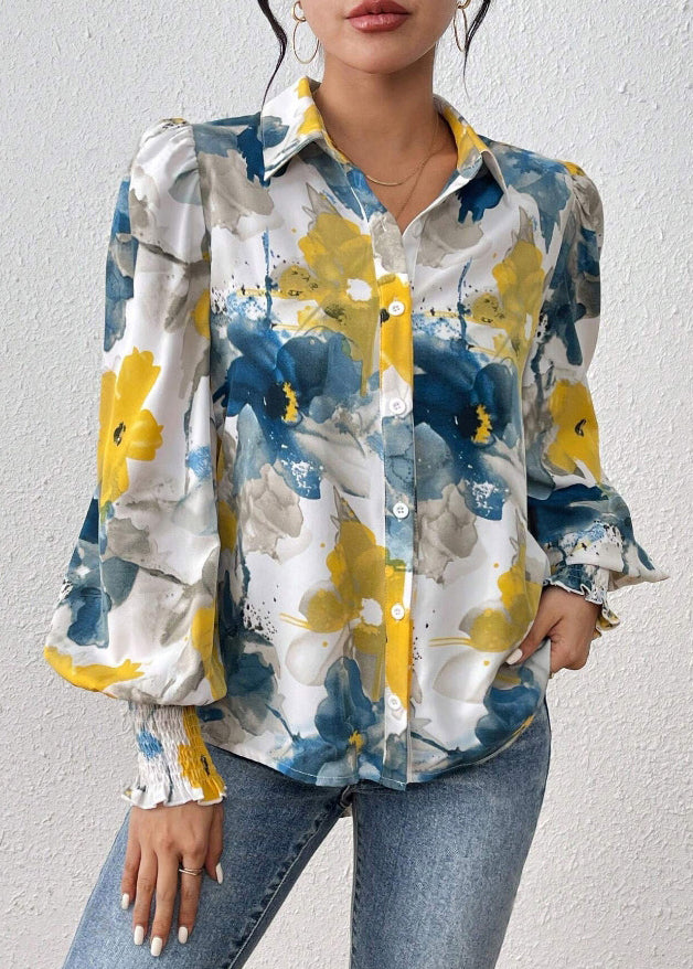Unique Blue Button Print Cotton Blouses Spring