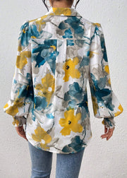 Unique Blue Button Print Cotton Blouses Spring
