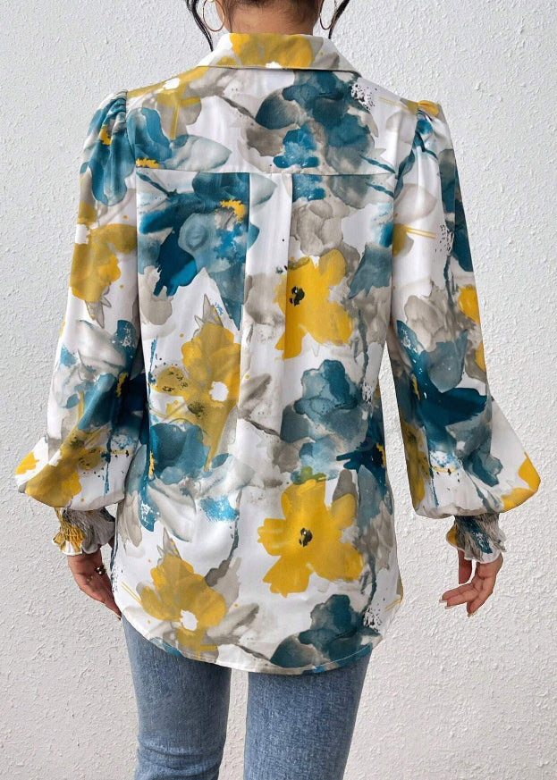 Unique Blue Button Print Cotton Blouses Spring