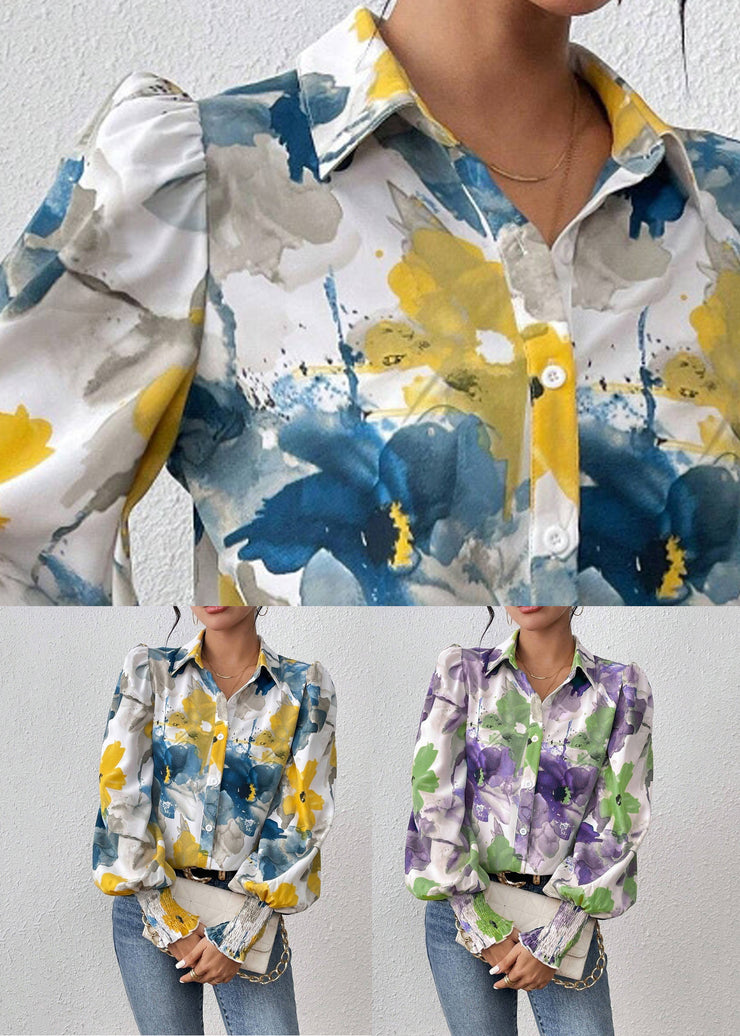 Unique Blue Button Print Cotton Blouses Spring