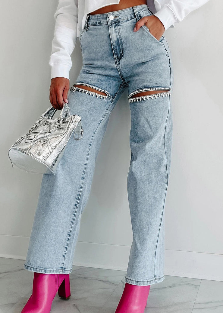 Unique Blue High Waist Pockets Hole Straight Jeans Summer