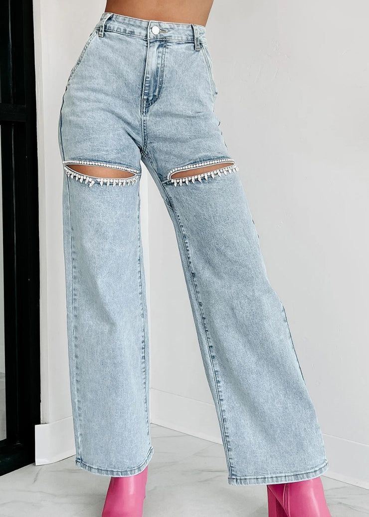 Unique Blue High Waist Pockets Hole Straight Jeans Summer