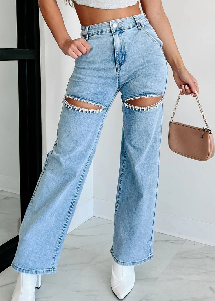 Unique Blue High Waist Pockets Hole Straight Jeans Summer