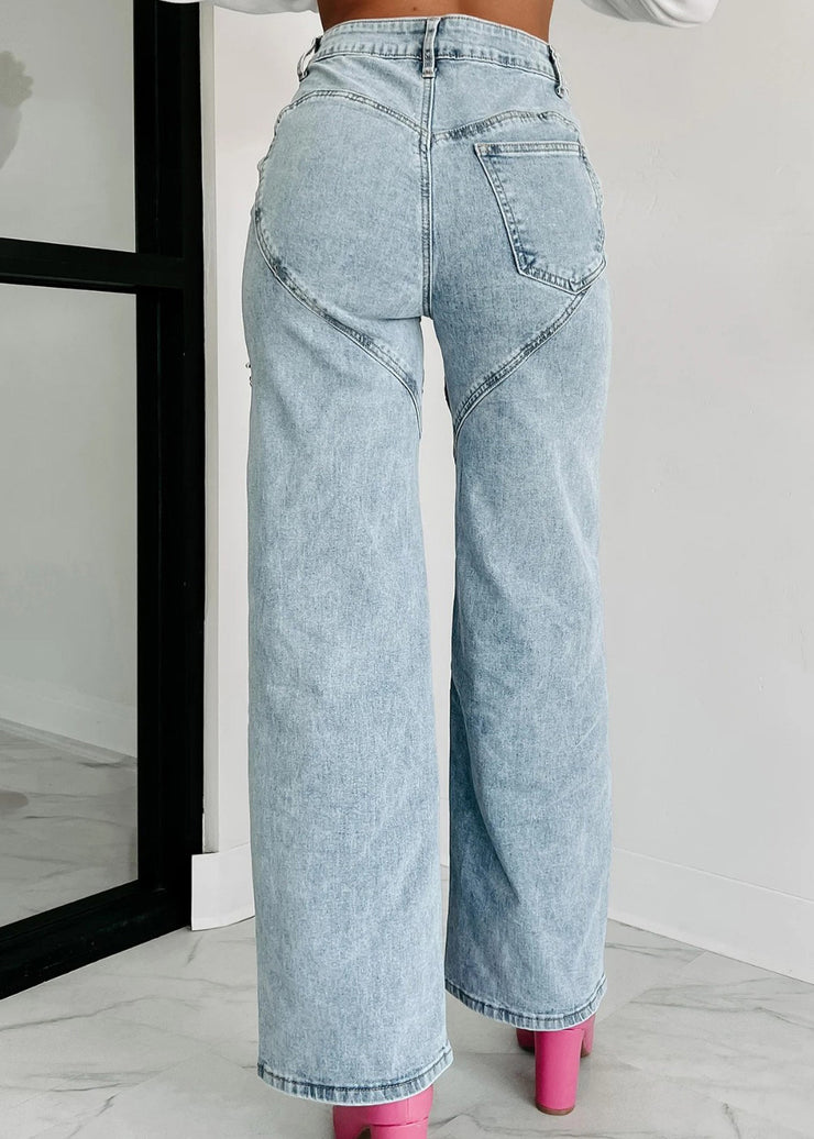 Unique Blue High Waist Pockets Hole Straight Jeans Summer