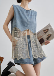 Unique Blue O Neck Lace Patchwork Denim Two Pieces Set Summer