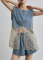 Unique Blue O Neck Lace Patchwork Denim Two Pieces Set Summer