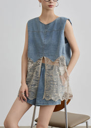 Unique Blue O Neck Lace Patchwork Denim Two Pieces Set Summer