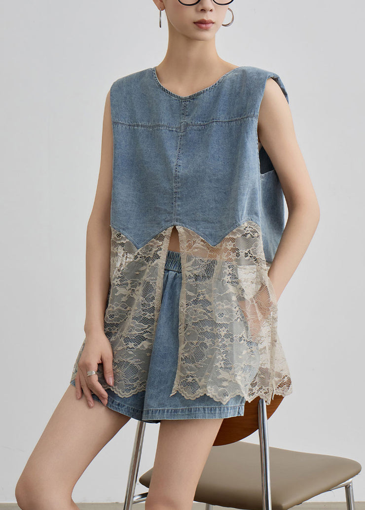 Unique Blue O Neck Lace Patchwork Denim Two Pieces Set Summer