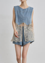 Unique Blue O Neck Lace Patchwork Denim Two Pieces Set Summer