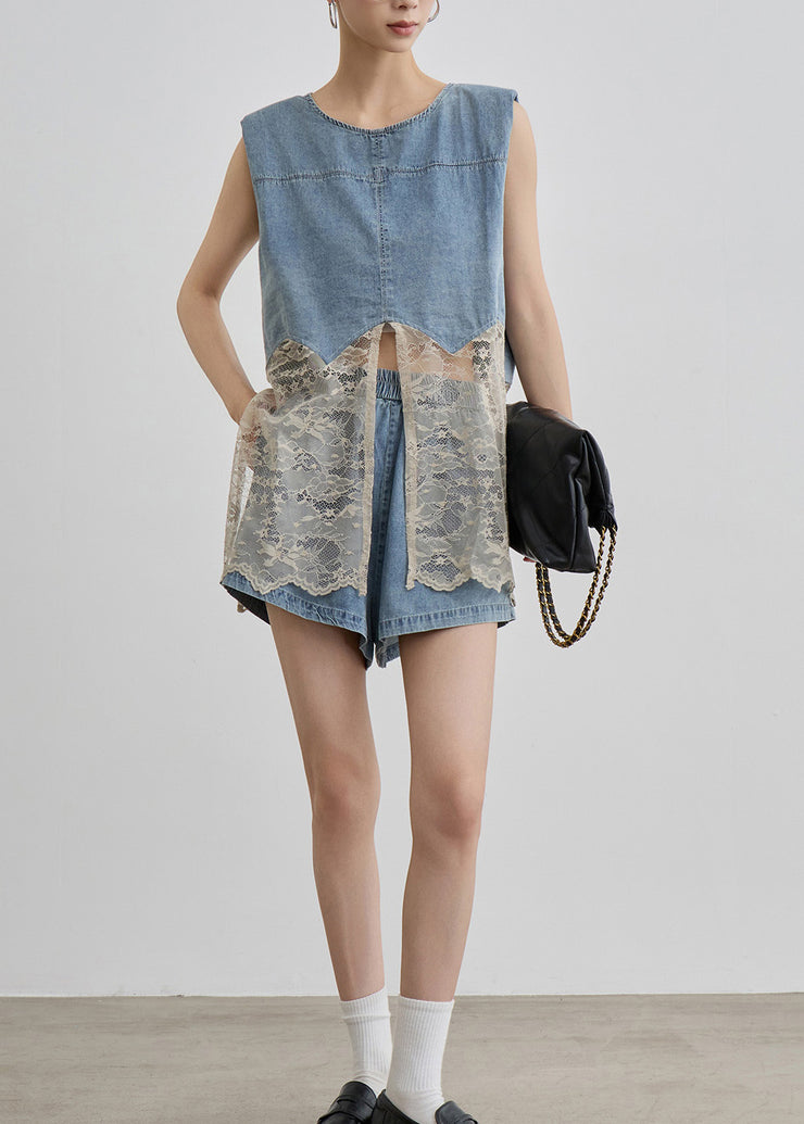 Unique Blue O Neck Lace Patchwork Denim Two Pieces Set Summer