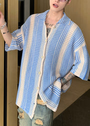 Unique Blue Oversized Striped Knit Polo Shirts Men Apparel Summer