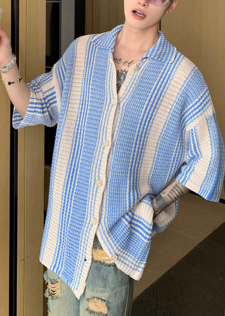 Unique Blue Oversized Striped Knit Polo Shirts Men Apparel Summer
