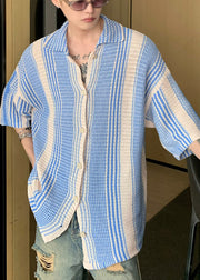 Unique Blue Oversized Striped Knit Polo Shirts Men Apparel Summer