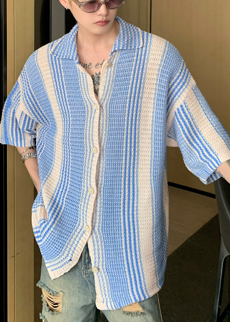 Unique Blue Oversized Striped Knit Polo Shirts Men Apparel Summer