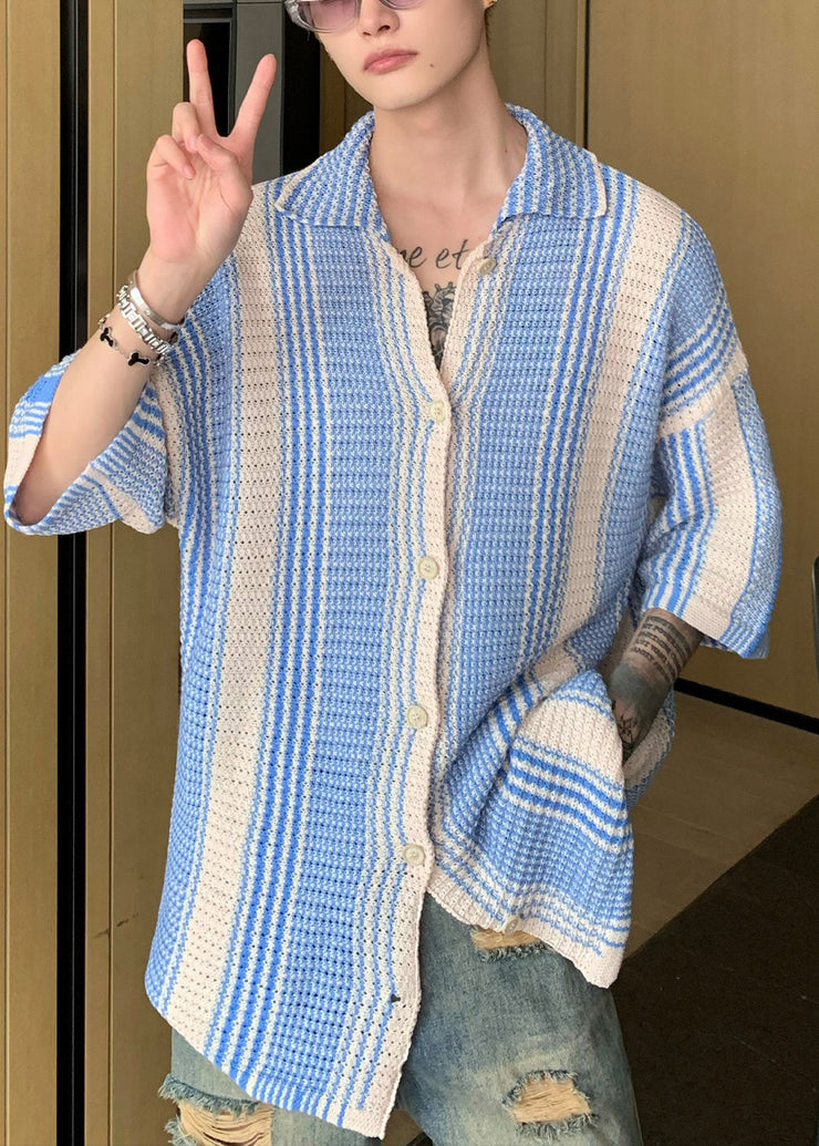 Unique Blue Oversized Striped Knit Polo Shirts Men Apparel Summer