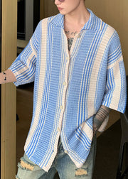 Unique Blue Oversized Striped Knit Polo Shirts Men Apparel Summer