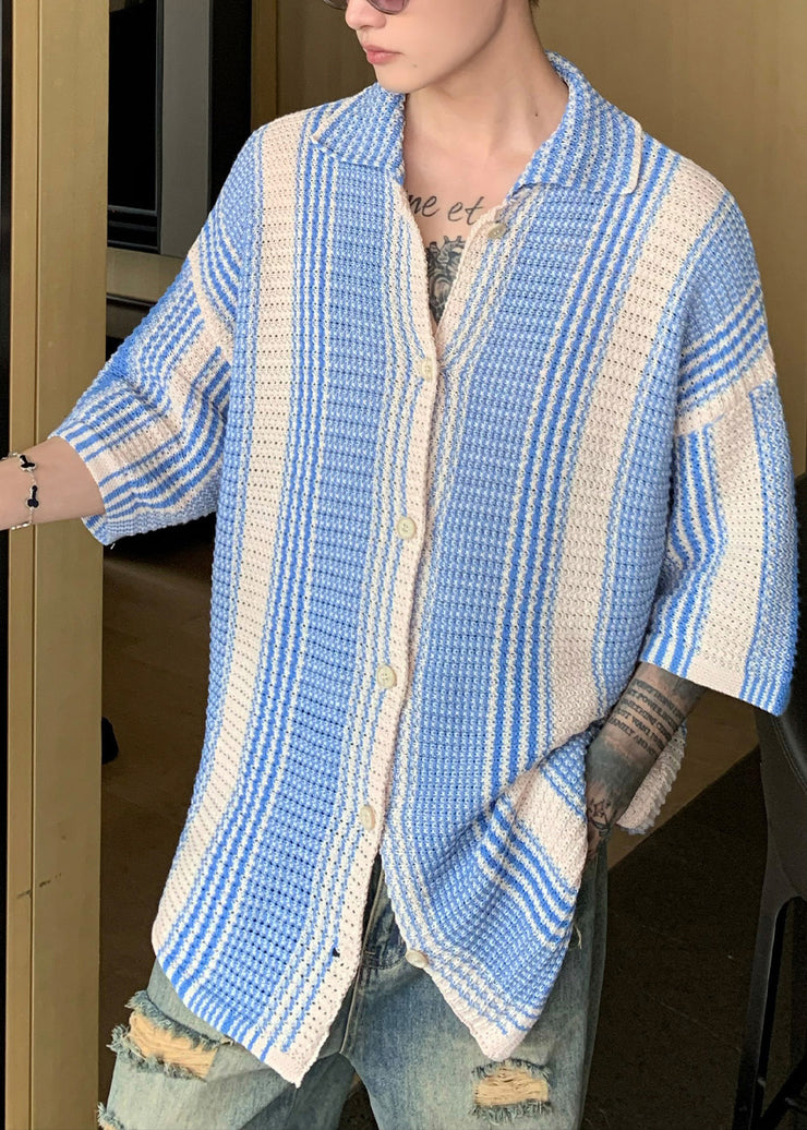 Unique Blue Oversized Striped Knit Polo Shirts Men Apparel Summer