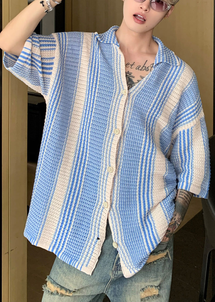 Unique Blue Oversized Striped Knit Polo Shirts Men Apparel Summer