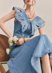 Unique Blue Patchwork Hollow Out Denim Maxi Dress Short Sleeve