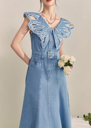 Unique Blue Patchwork Hollow Out Denim Maxi Dress Short Sleeve