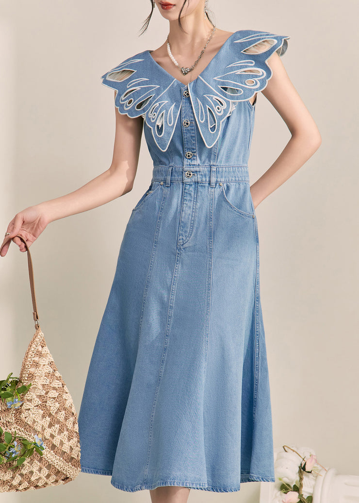 Unique Blue Patchwork Hollow Out Denim Maxi Dress Short Sleeve