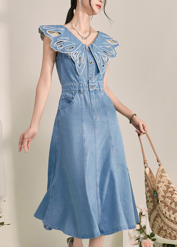 Unique Blue Patchwork Hollow Out Denim Maxi Dress Short Sleeve