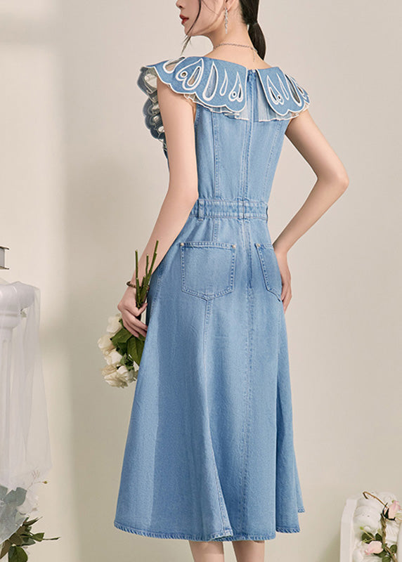 Unique Blue Patchwork Hollow Out Denim Maxi Dress Short Sleeve
