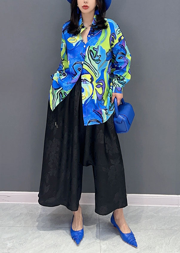 Unique Blue Peter Pan Collar Print Patchwork Cotton Shirts Summer