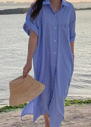 Unique Blue Peter Pan Collar Striped Cotton Shirts Dress Summer