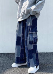 Unique Blue Plaid Pockets Patchwork Denim Mens Wide Leg Pants Spring
