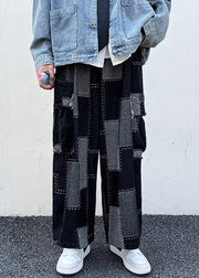 Unique Blue Plaid Pockets Patchwork Denim Mens Wide Leg Pants Spring