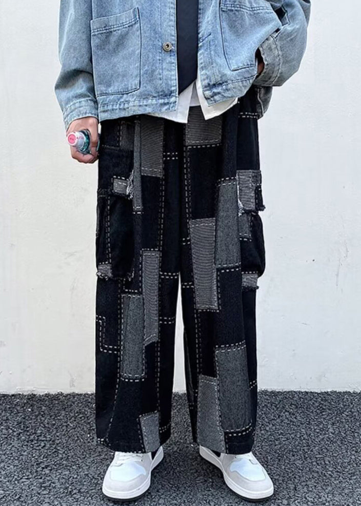 Unique Blue Plaid Pockets Patchwork Denim Mens Wide Leg Pants Spring
