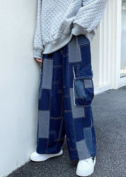 Unique Blue Plaid Pockets Patchwork Denim Mens Wide Leg Pants Spring
