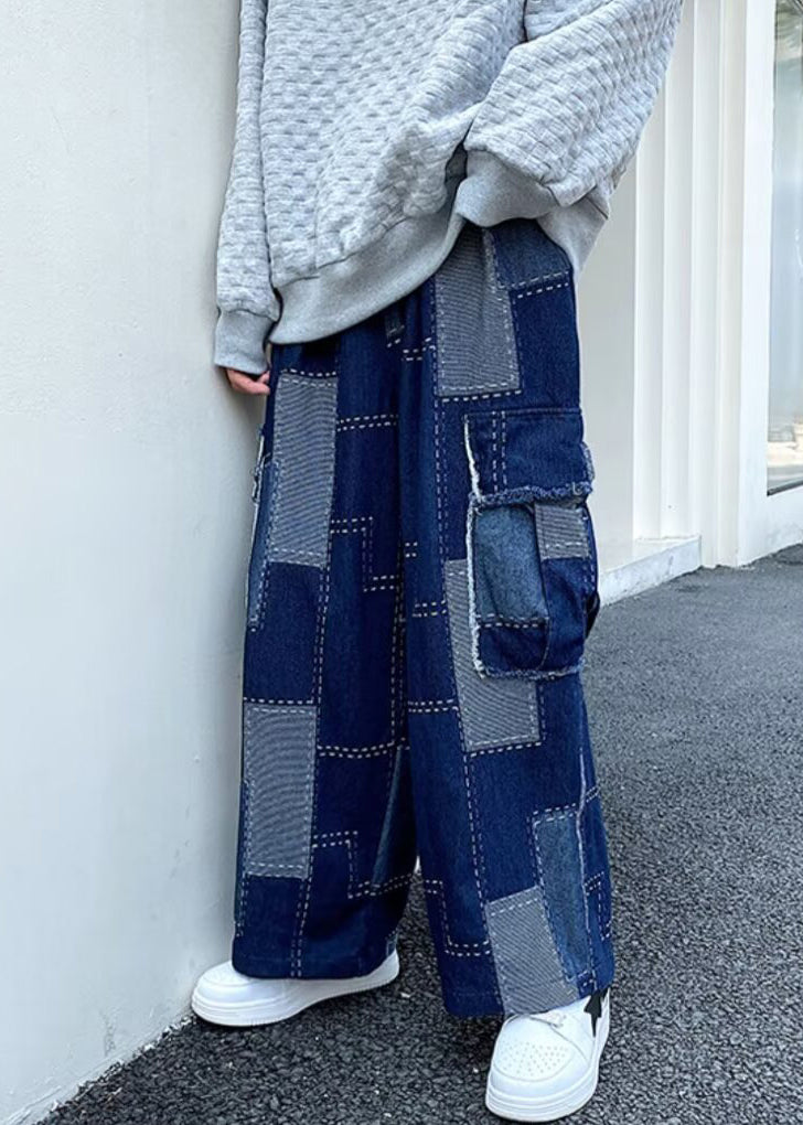 Unique Blue Plaid Pockets Patchwork Denim Mens Wide Leg Pants Spring