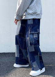 Unique Blue Plaid Pockets Patchwork Denim Mens Wide Leg Pants Spring