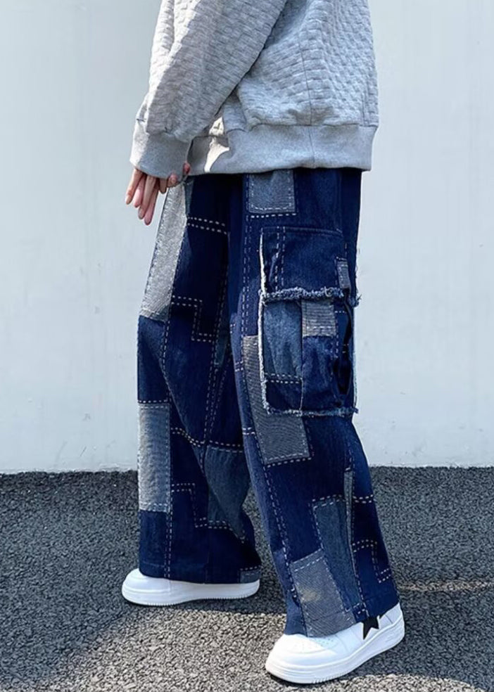 Unique Blue Plaid Pockets Patchwork Denim Mens Wide Leg Pants Spring