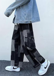 Unique Blue Plaid Pockets Patchwork Denim Mens Wide Leg Pants Spring