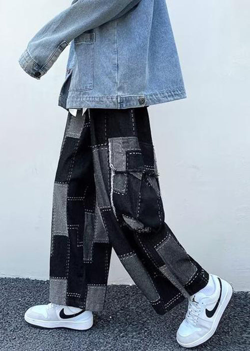 Unique Blue Plaid Pockets Patchwork Denim Mens Wide Leg Pants Spring