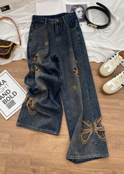 Unique Blue Pockets Hollow Out Butterfly Zircon Denim Pants Fall