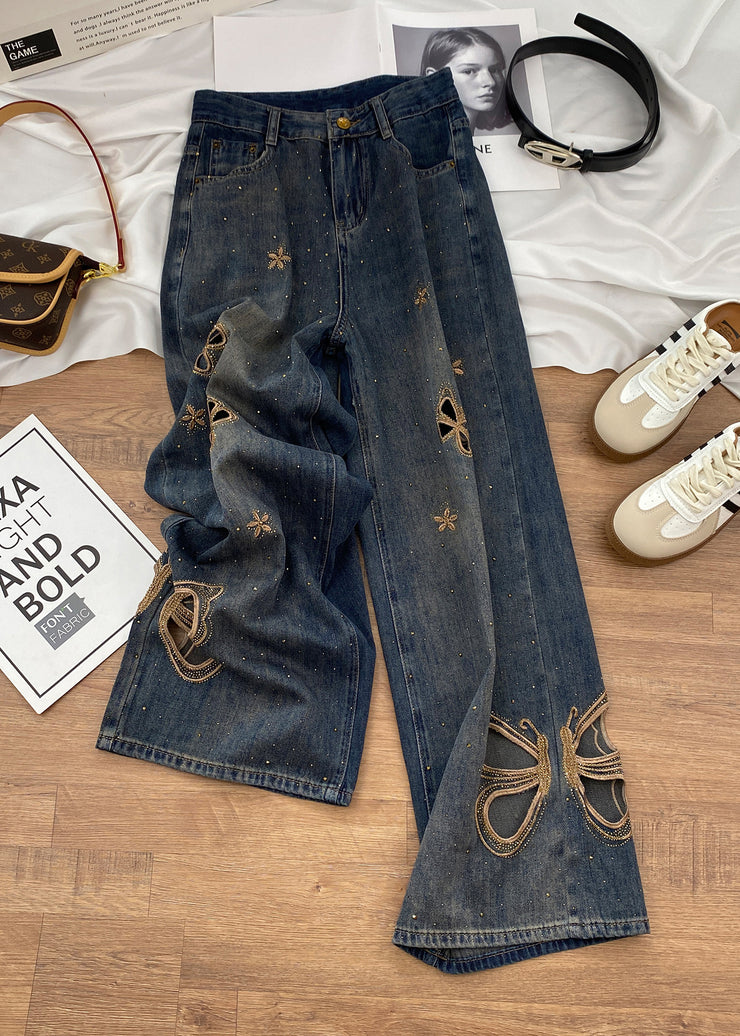 Unique Blue Pockets Hollow Out Butterfly Zircon Denim Pants Fall