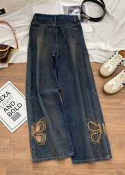 Unique Blue Pockets Hollow Out Butterfly Zircon Denim Pants Fall