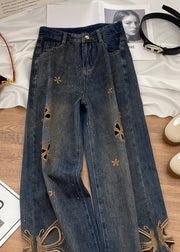 Unique Blue Pockets Hollow Out Butterfly Zircon Denim Pants Fall