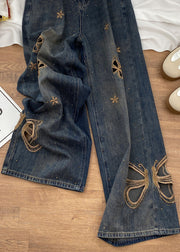Unique Blue Pockets Hollow Out Butterfly Zircon Denim Pants Fall