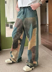 Unique Blue Print Pockets High Waist Denim Men Wide Leg Pants Summer