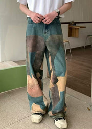 Unique Blue Print Pockets High Waist Denim Men Wide Leg Pants Summer